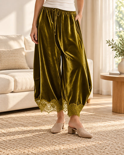 Women's Lace-Trim Velvet Wide-Leg Pants