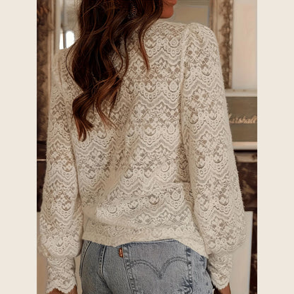 Women's French Scalloped V-Neck Floral Lace Blouse