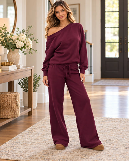 Chic Asymmetric Off-Shoulder Wide-Leg Loungewear Set