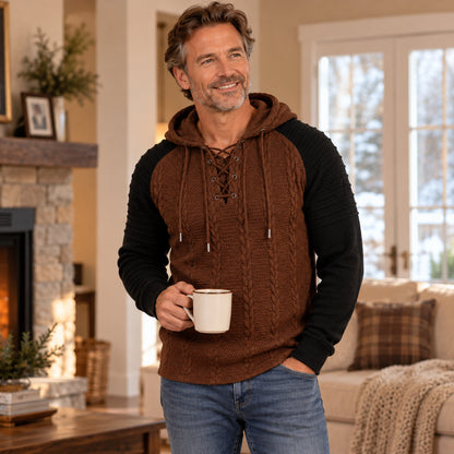Men's Cozy Cable Knit Lace Up Pullover Hoodie