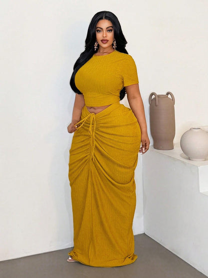 Plus Size Curve-Flattering Ruched Drawstring Crop Top & Maxi Skirt Set