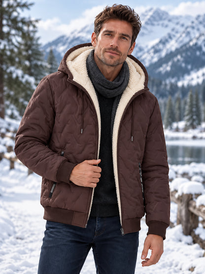 Unisex Geometric Quilted Sherpa Lined Hooded Winter Jacket - Water Resistant