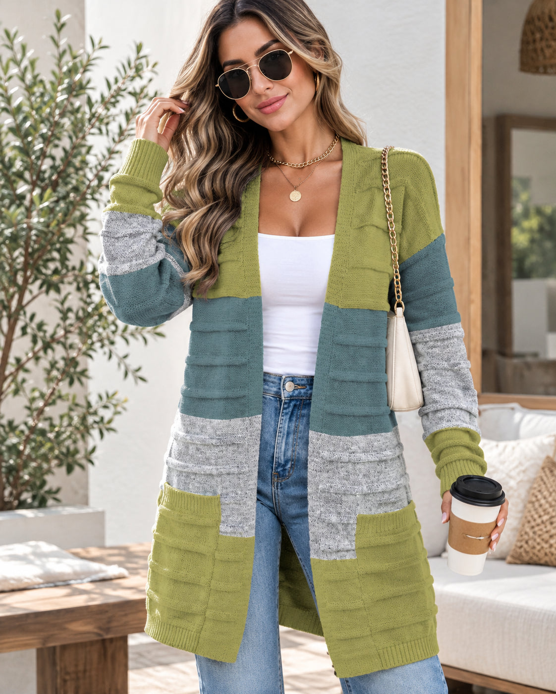 Women's Colorblock Textured Longline Knit Cardigan