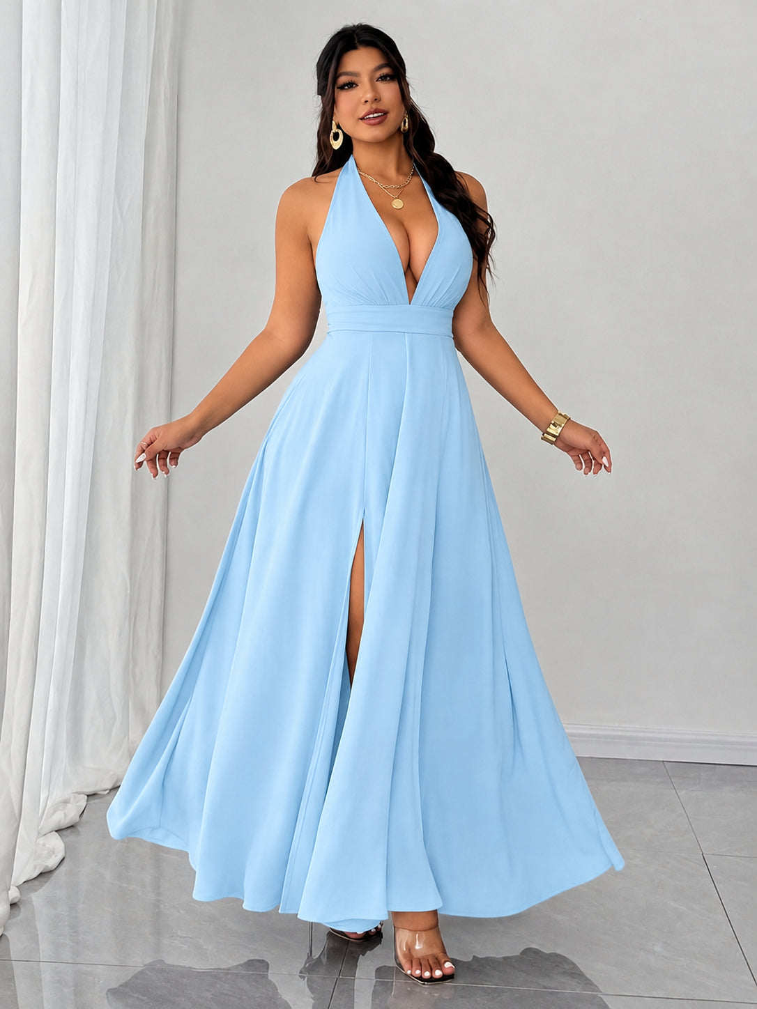 Plus Size Halter Deep V Maxi Dress