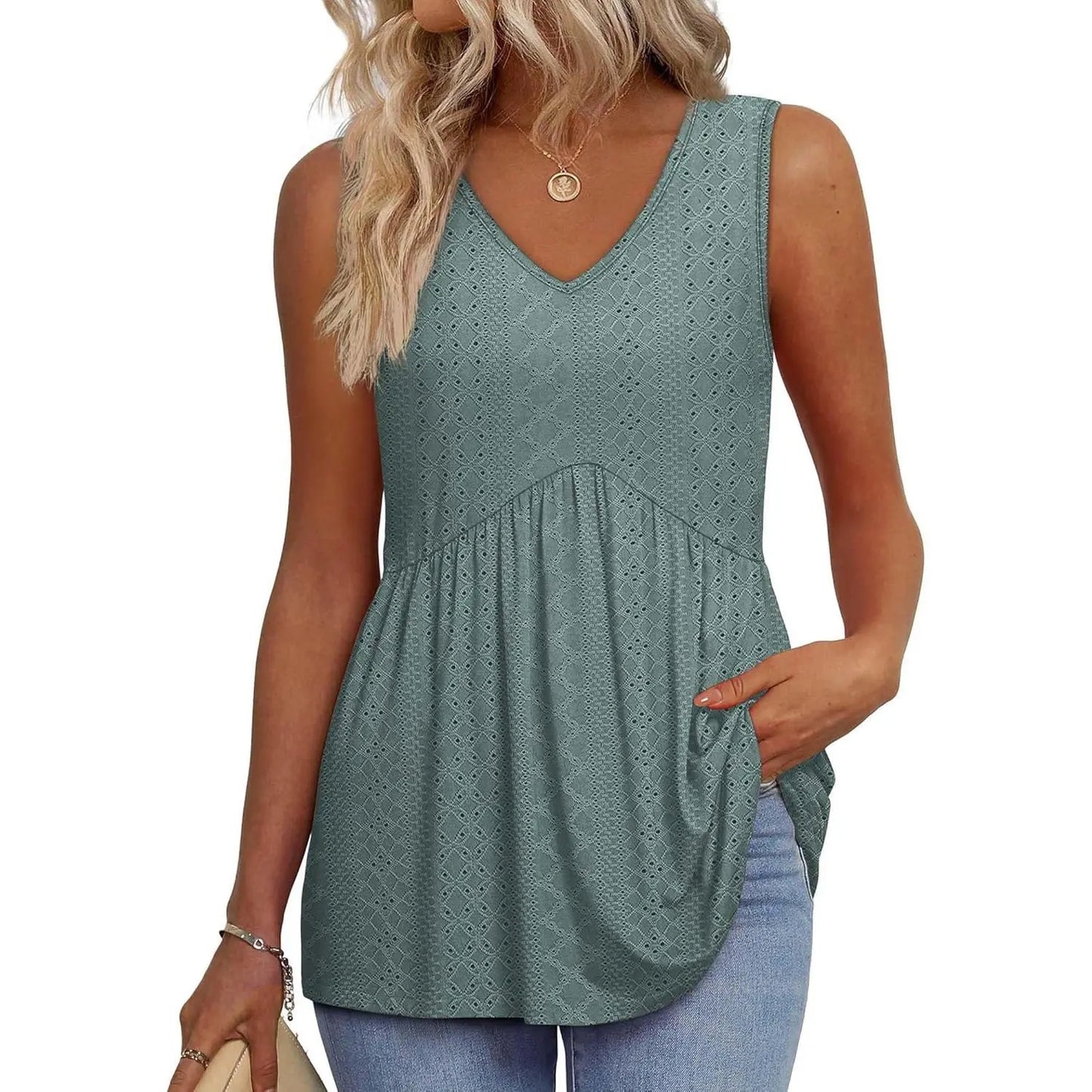 👗Women’s Sleeveless V-Neck Babydoll Tank Top – Flowy Summer Peplum Top