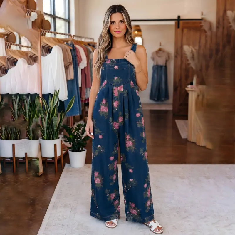 Floral Wide-Leg Denim Jumpsuit