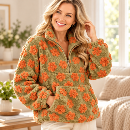 Women's Floral Sherpa Fleece Half Zip Pullover with Kangaroo Pocket