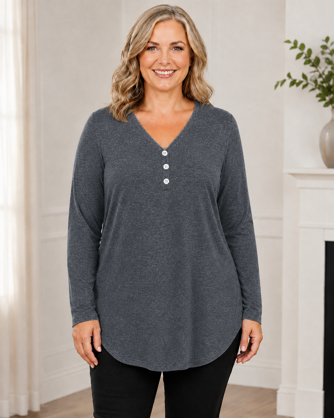 Plus Size V-Neck Henley Long Sleeve Tunic Top