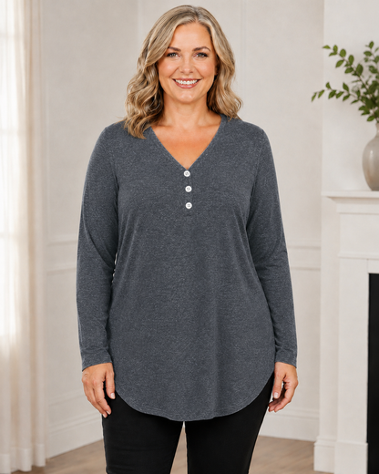 Plus Size V-Neck Henley Long Sleeve Tunic Top