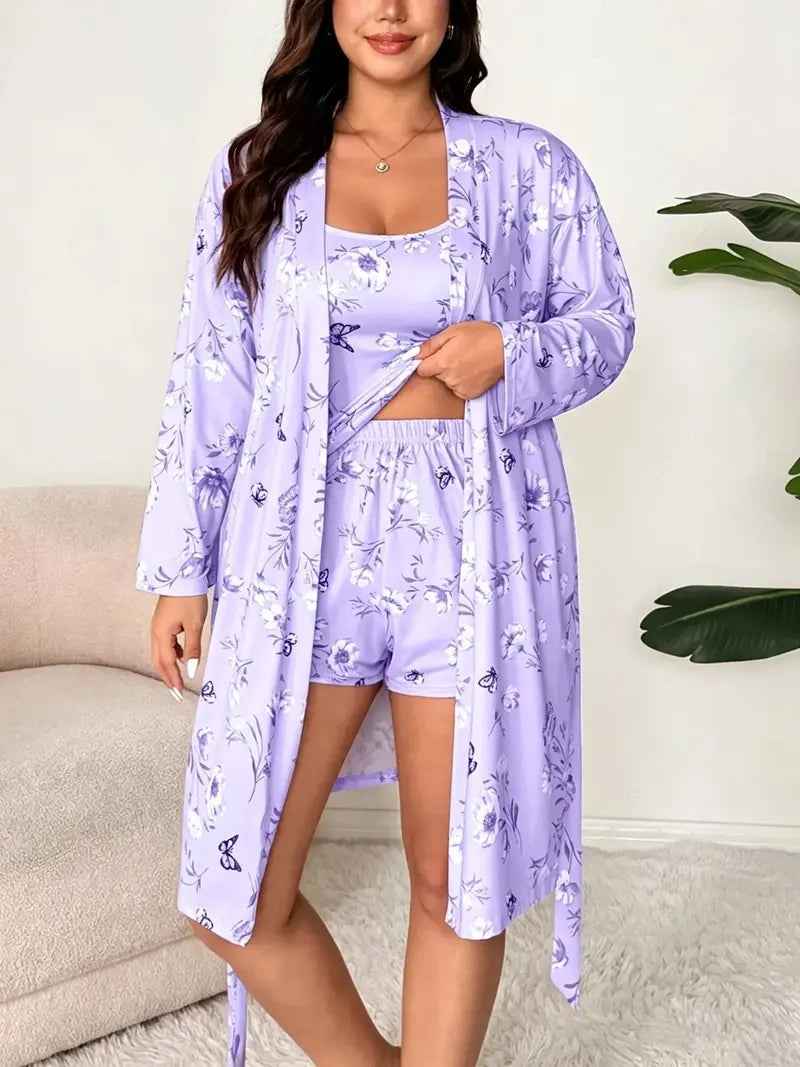 Cherry Floral 3-Piece Loungewear Set in Plus Sizes