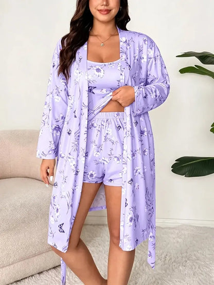 Cherry Floral 3-Piece Loungewear Set in Plus Sizes