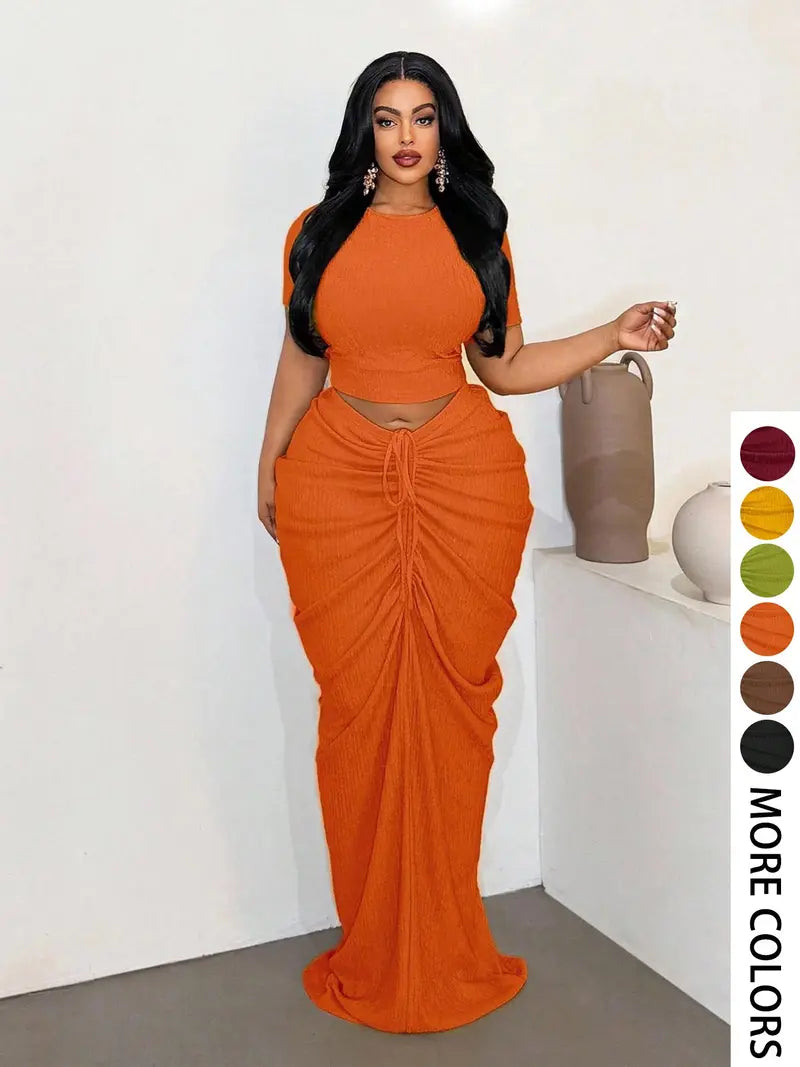 Plus Size Curve-Flattering Ruched Drawstring Crop Top & Maxi Skirt Set