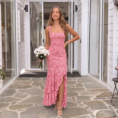 Floral Mermaid Maxi Dress – Ruched Square Neck