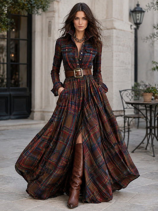 Women’s Plaid Belted Maxi Shirt Dress