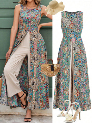 Women's Boho Printed Sleeveless Front-Split Maxi Top & Wide-Leg Pants 2-Piece Set