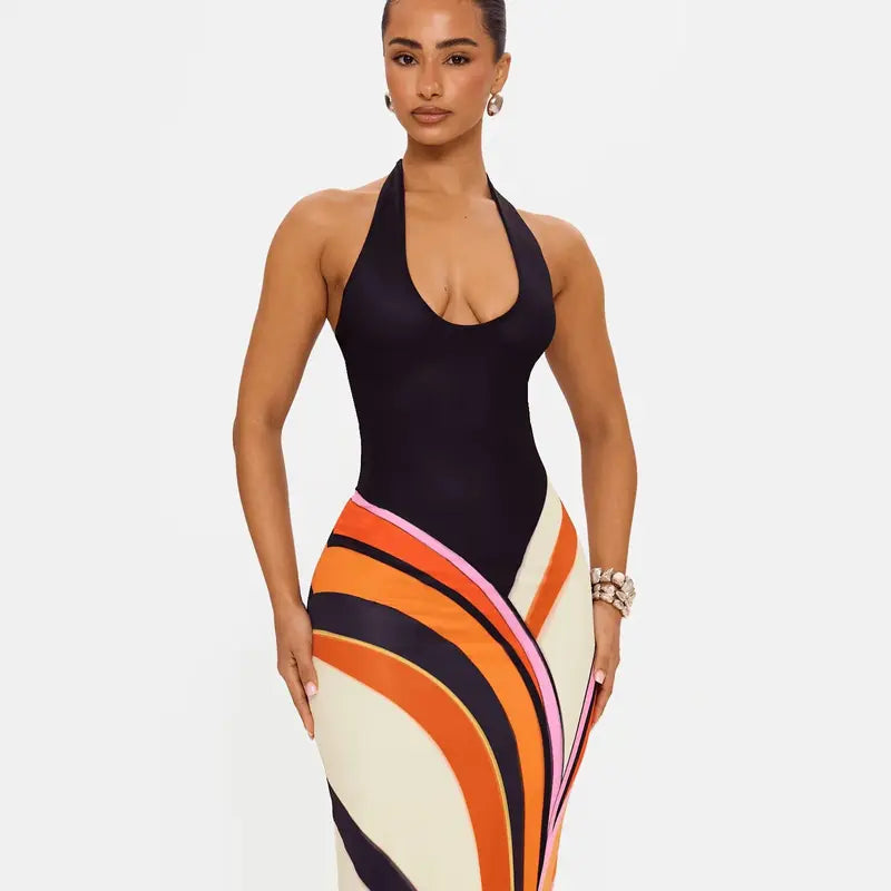 Women’s Halter Color Block Maxi Dress