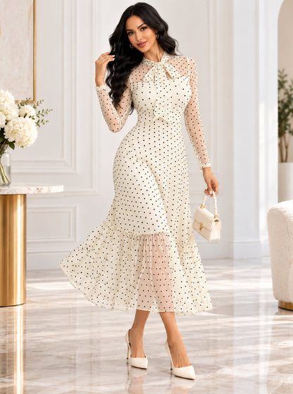 Women's Vintage Polka Dot Mesh Bow Tie A-Line Dress
