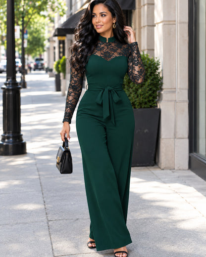 Women's Elegant Sheer Lace Wide-Leg Jumpsuit