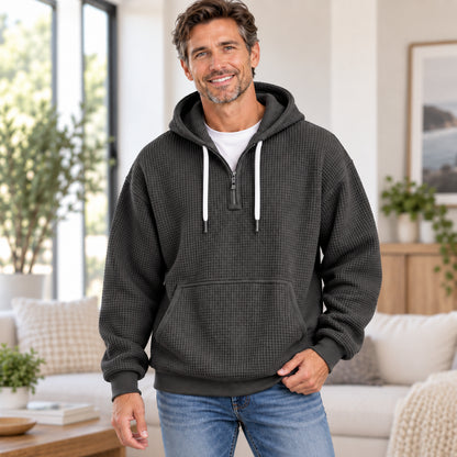 Men’s Oversized Waffle-Knit Half-Zip Hoodie with Kangaroo Pocket