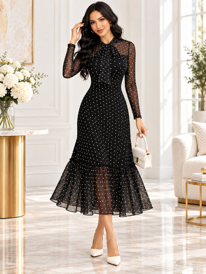Women's Vintage Polka Dot Mesh Bow Tie A-Line Dress