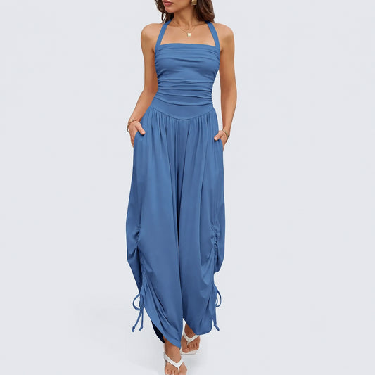 Women’s Ruched Halter Jumpsuit with Pockets