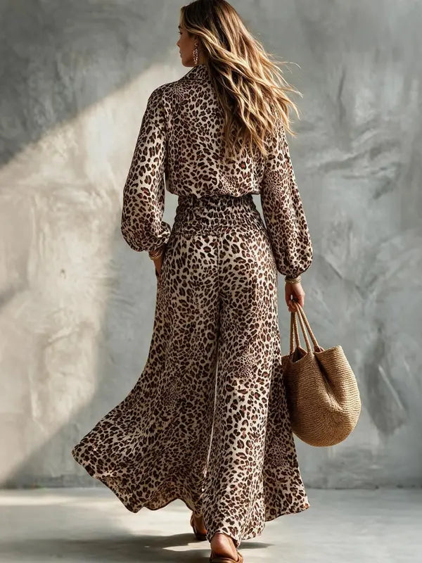Women's Leopard Print Smocked-Waist Wide-Leg Jumpsuit