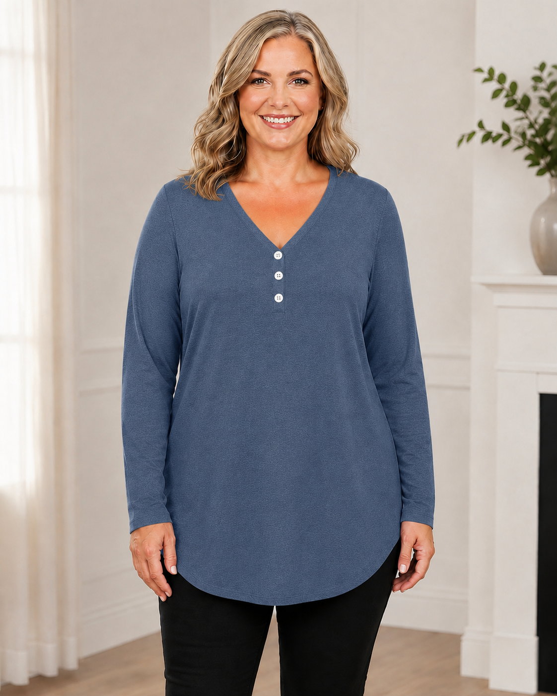Plus Size V-Neck Henley Long Sleeve Tunic Top