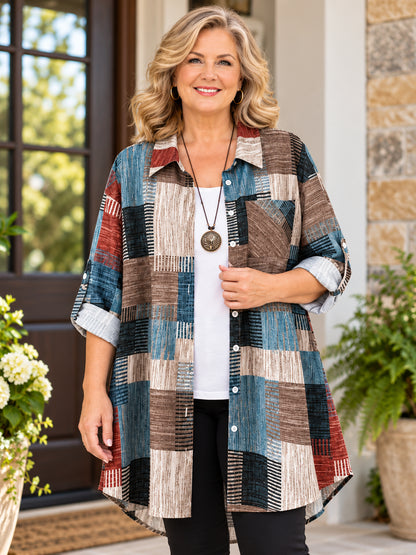 Plus Size Geometric High-Low Button-Up Shirt