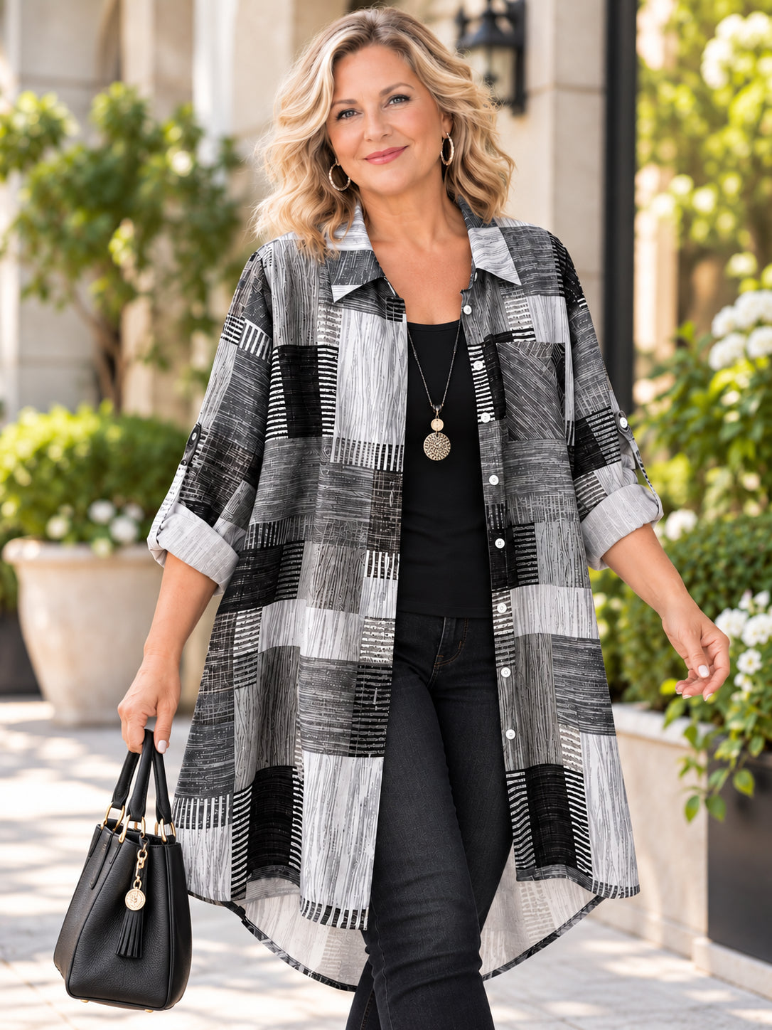 Plus Size Geometric High-Low Button-Up Shirt