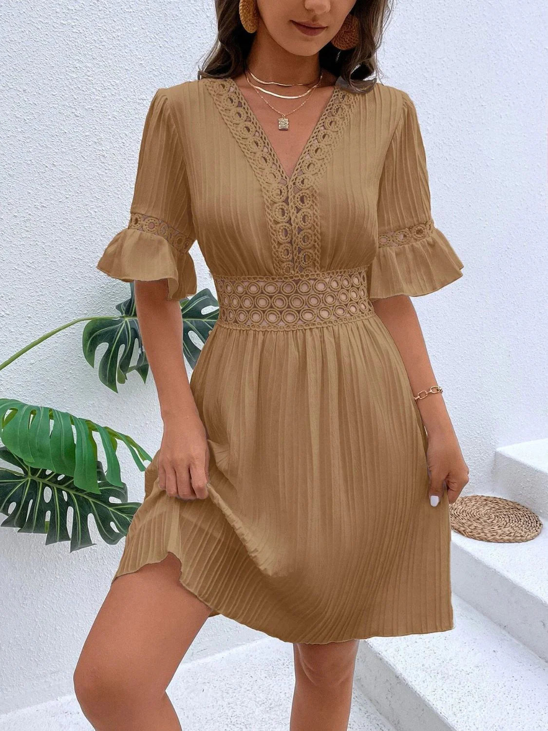 ✨Women's Summer Elegant V Neck Lace Trim Dress