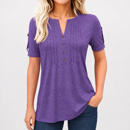 Women’s Pleated V-Neck Button Top