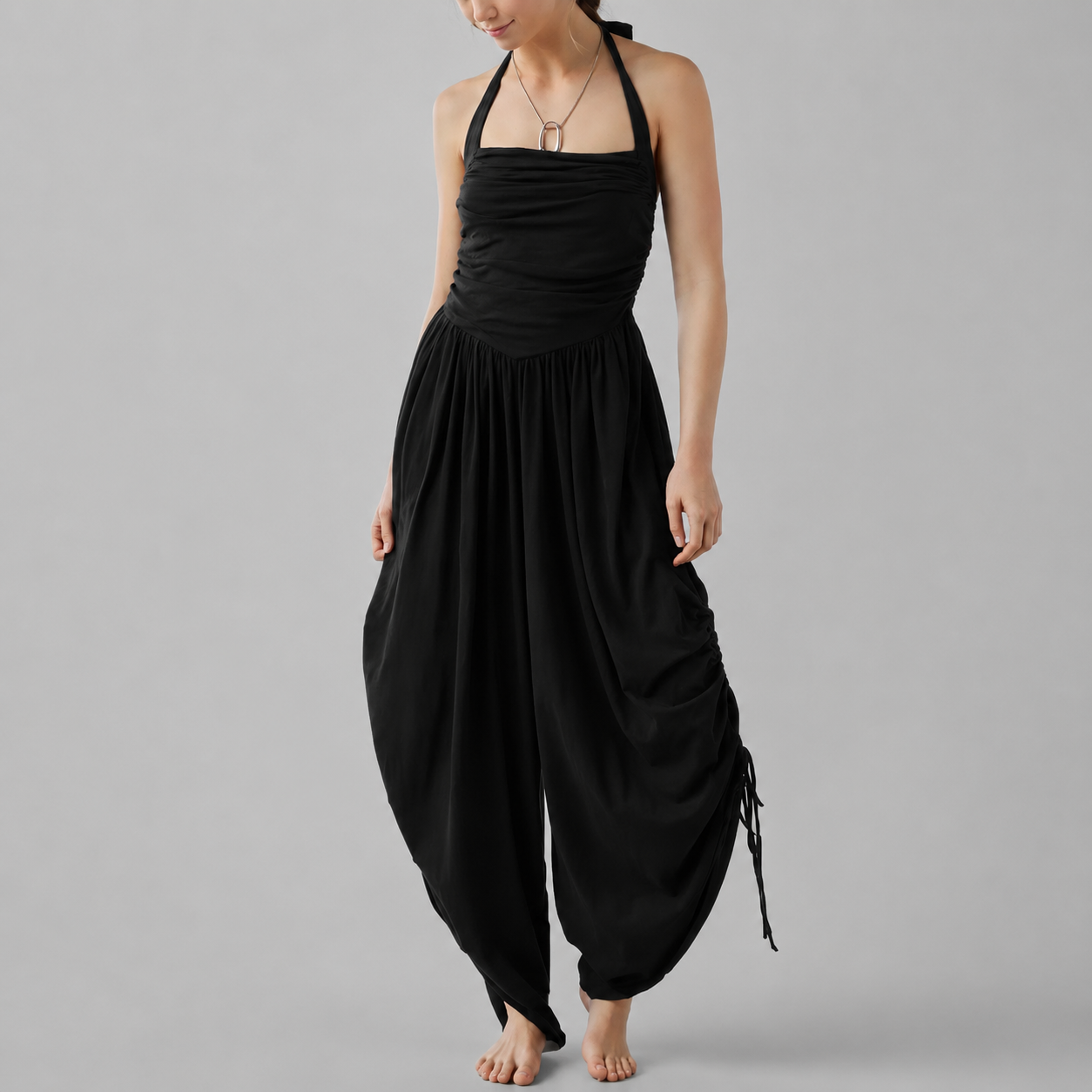 Women’s Ruched Halter Jumpsuit with Pockets