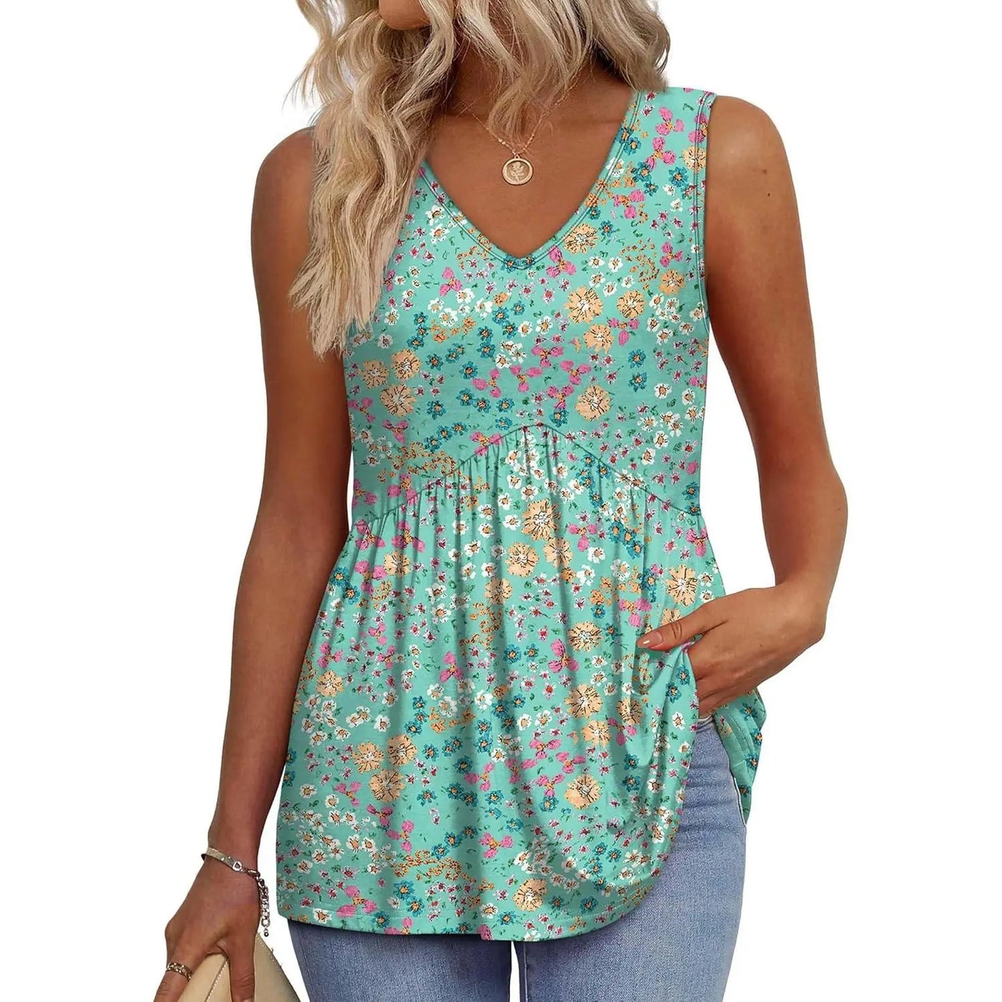 👗Women’s Sleeveless V-Neck Babydoll Tank Top – Flowy Summer Peplum Top
