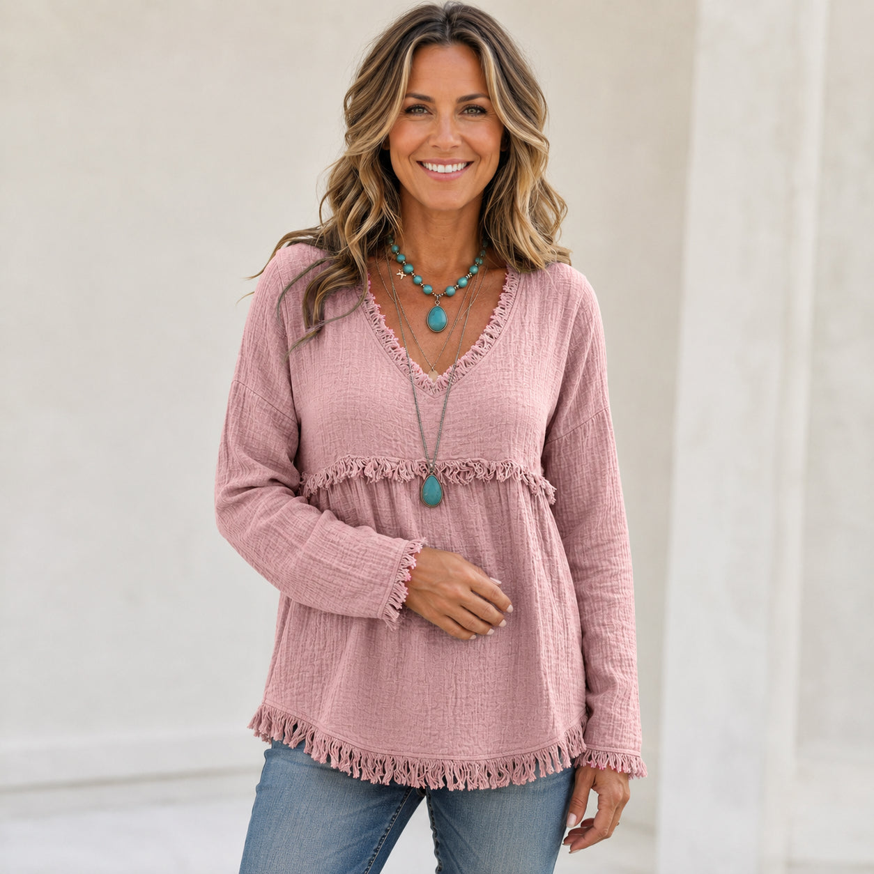 Women’s Boho V-Neck Fringe Babydoll Top