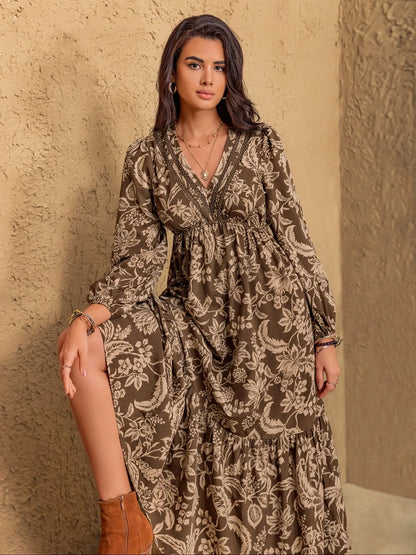 Women's Floral Boho V-Neck Long Sleeve Maxi Dress