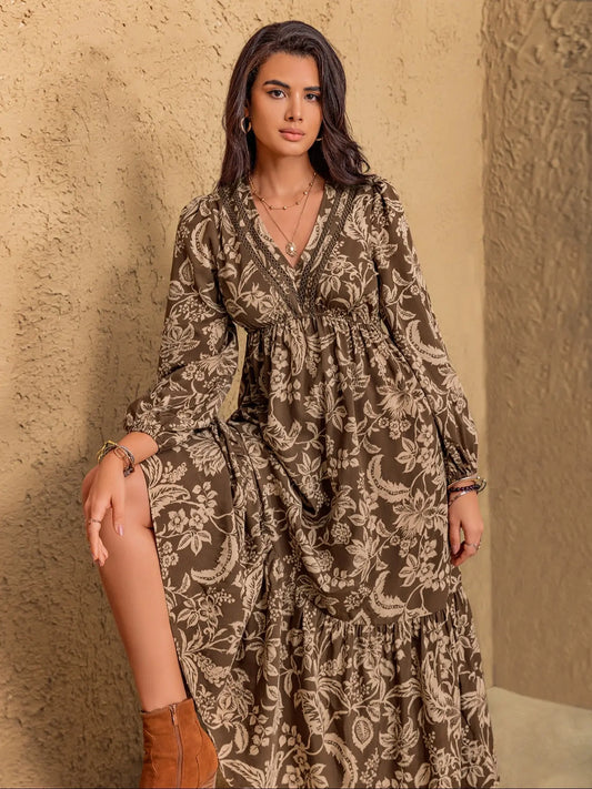 Women's Floral Boho V-Neck Long Sleeve Maxi Dress