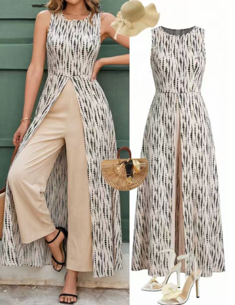 Women's Boho Printed Sleeveless Front-Split Maxi Top & Wide-Leg Pants 2-Piece Set