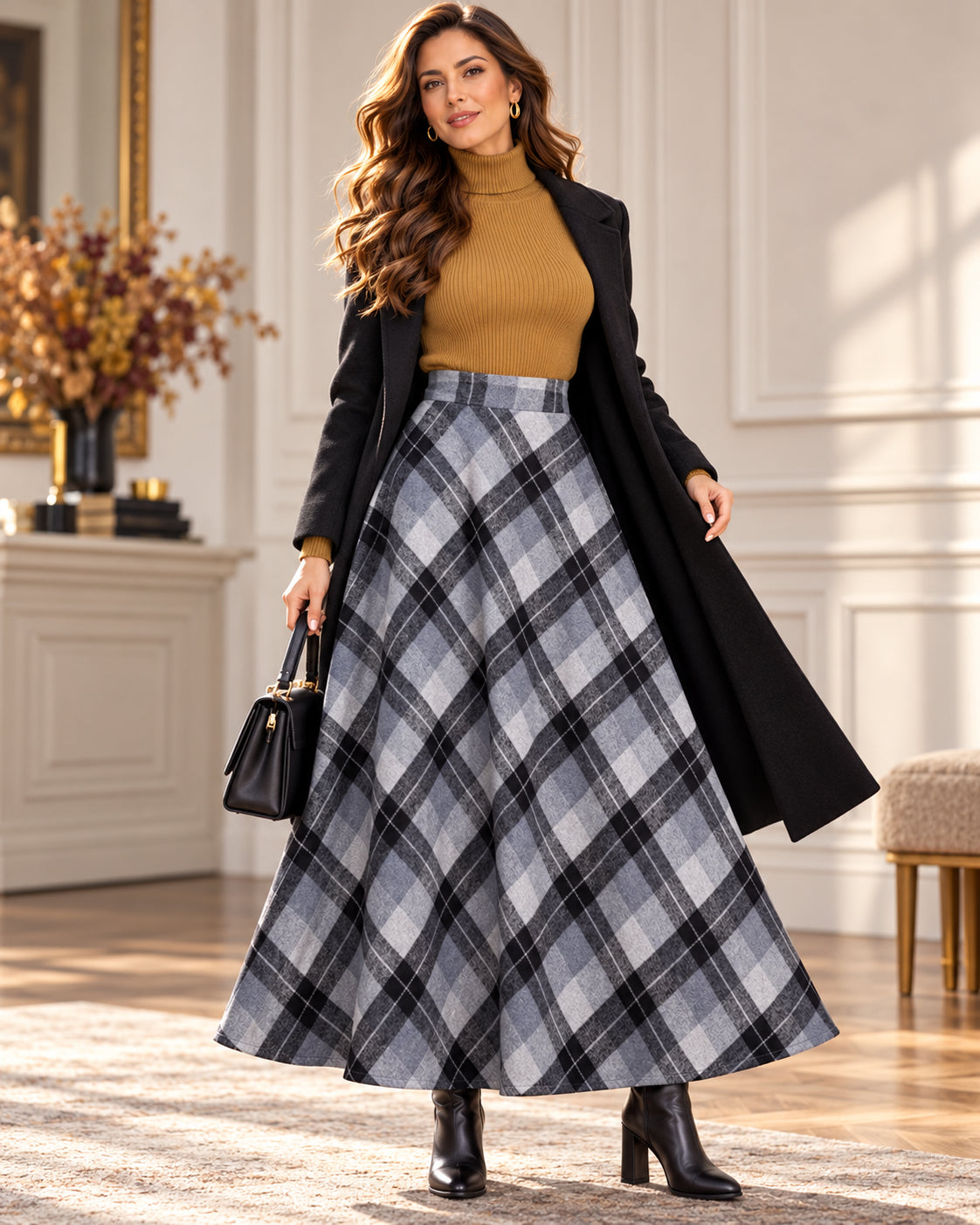 Women's Vintage Wool-Blend Plaid A-Line Skirt