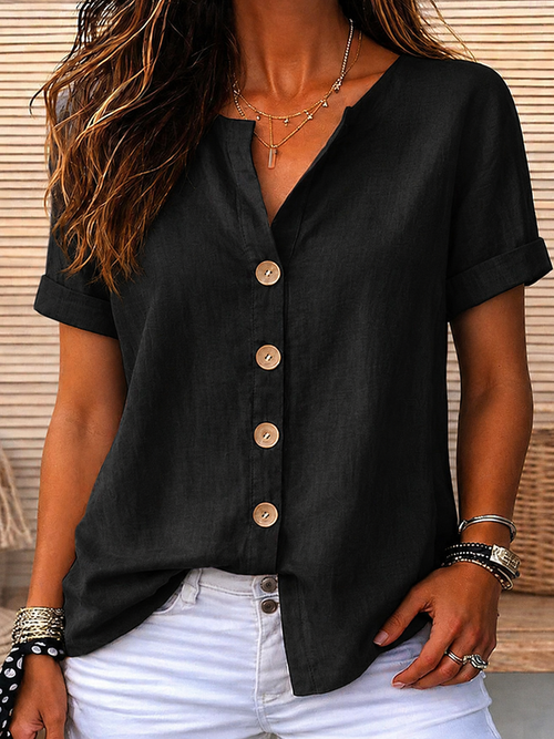 Breathable Cotton Linen V-Neck Top