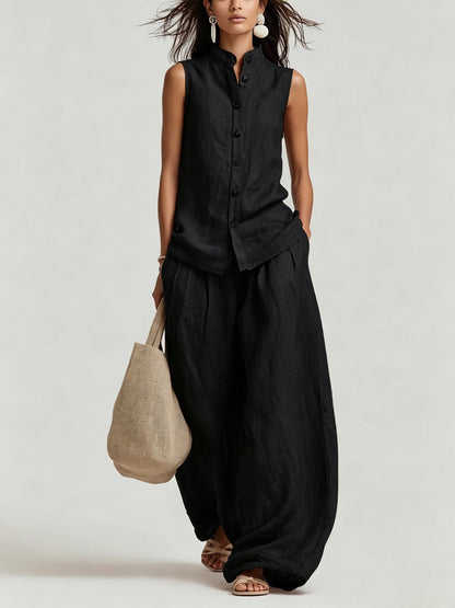 🕊 Relaxed Linen Matching Two Piece Set Sleeveless Top & Wide Leg Trousers