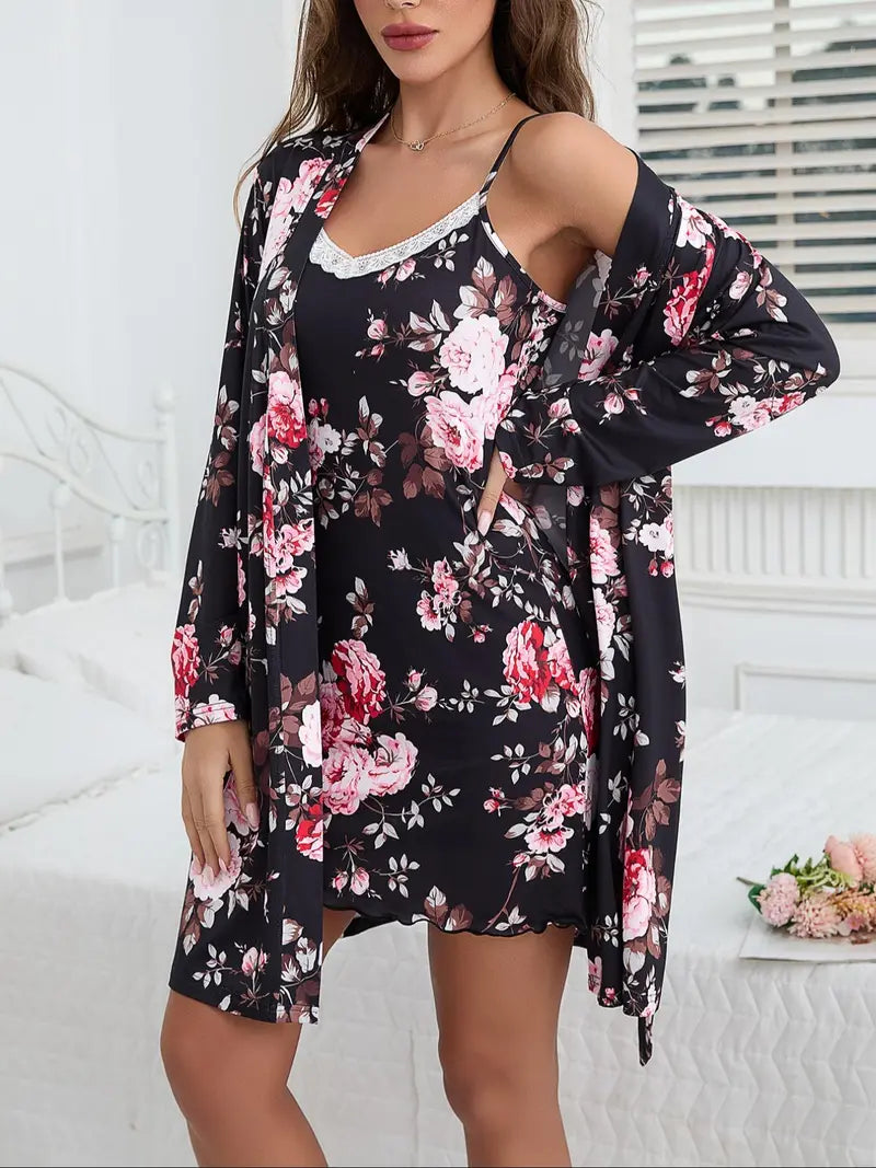 Women's Floral Robe & Cami Nightdress 2-Piece Sleepwear Set