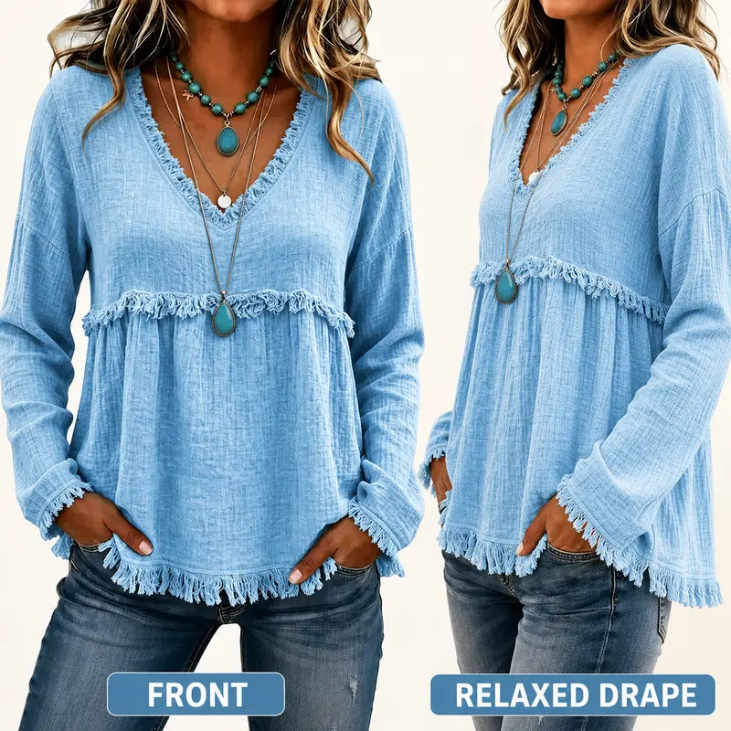 Women’s Boho V-Neck Fringe Babydoll Top