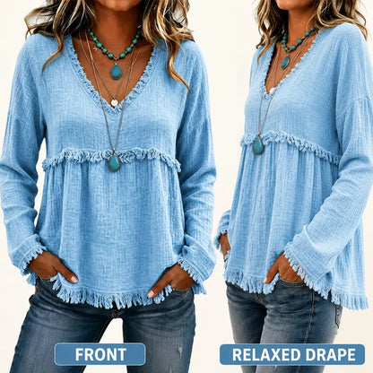 Women’s Boho V-Neck Fringe Babydoll Top