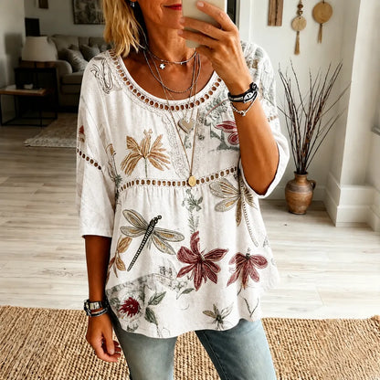 ✨ Vintage Floral Embroidered Linen Blouse