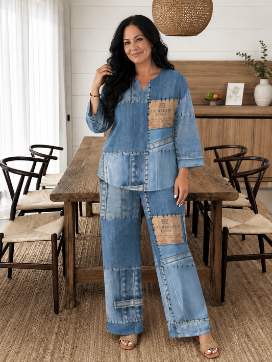 Women's Plus Size Faux Denim Patchwork Print 2-Piece