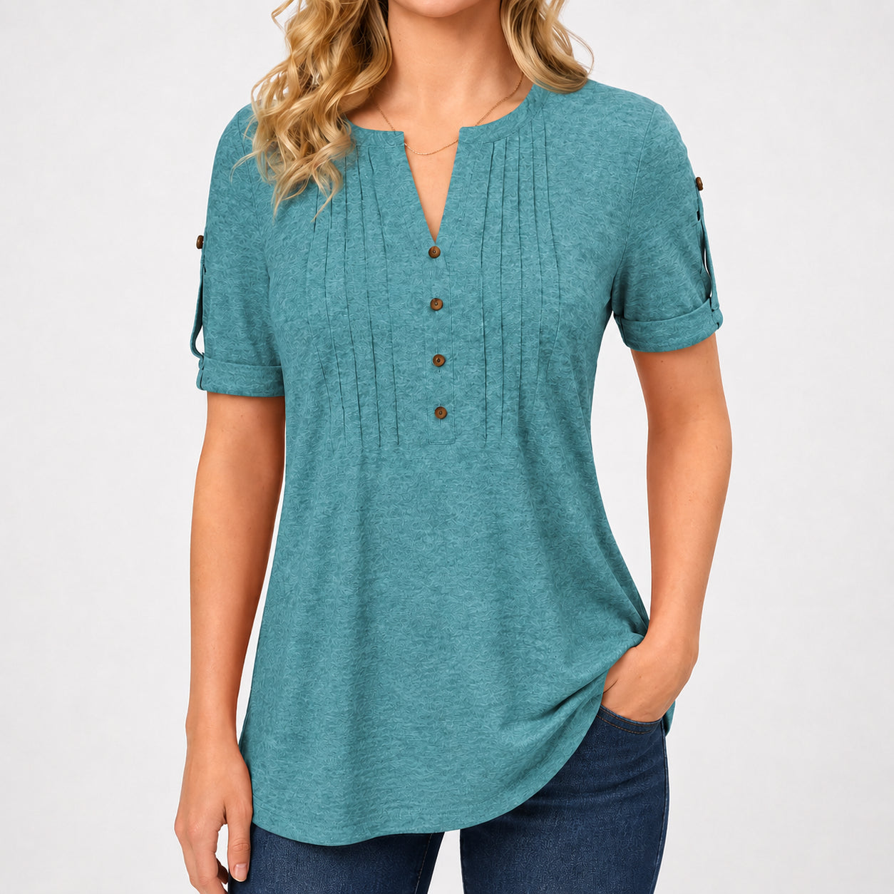 Women’s Pleated V-Neck Button Top
