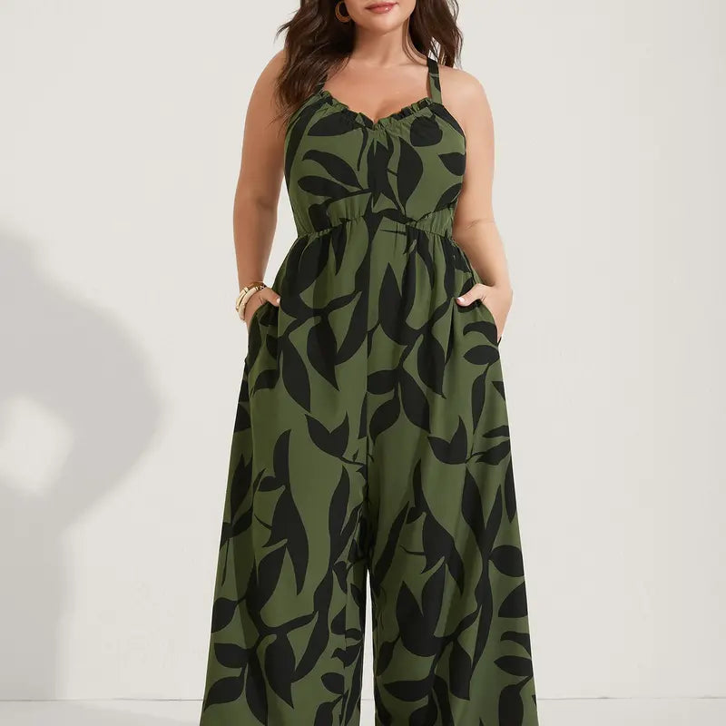 Plus Size Boho Wide-Leg Jumpsuit with Pockets