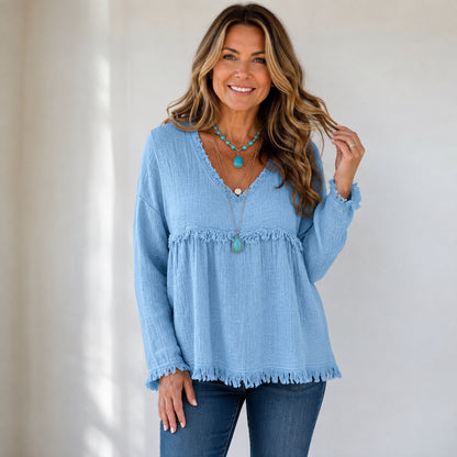 Women’s Boho V-Neck Fringe Babydoll Top
