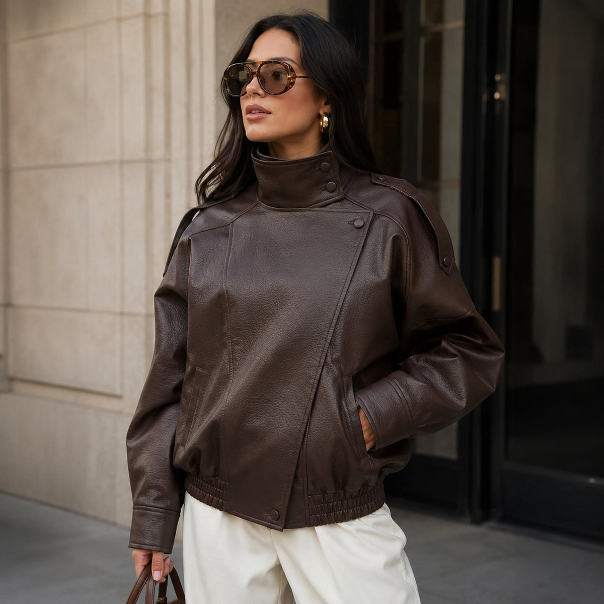 Women’s Oversized Stand Collar Faux Leather Jacket