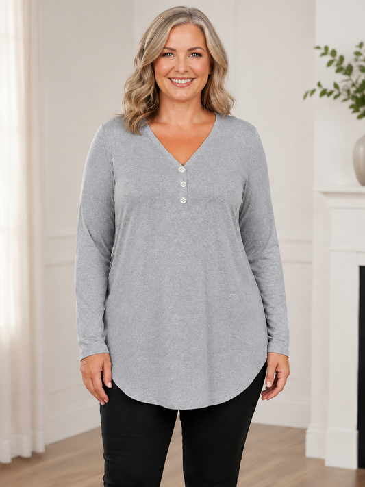 Plus Size V-Neck Henley Long Sleeve Tunic Top